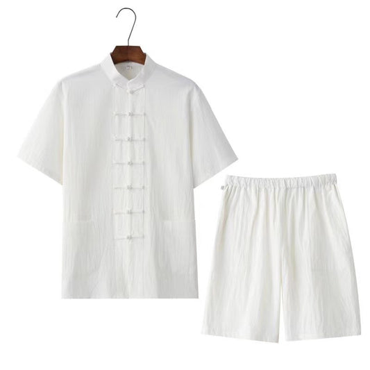 Men's Traditional Chinese Style Button-Placket Shirt And Middle-AgedSenior Monks Robe Two-Piece Set
