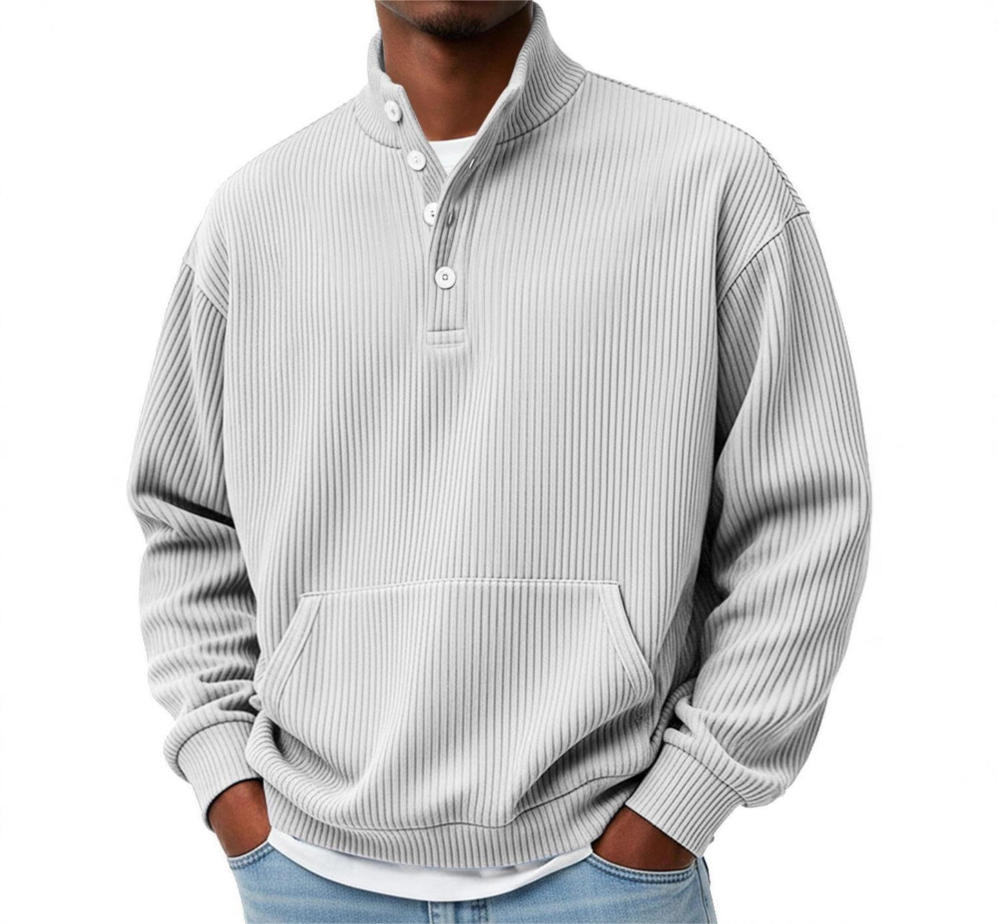 Mens Solid-Color Turtleneck Casual Long-Sleeve Polo Sweatshirt