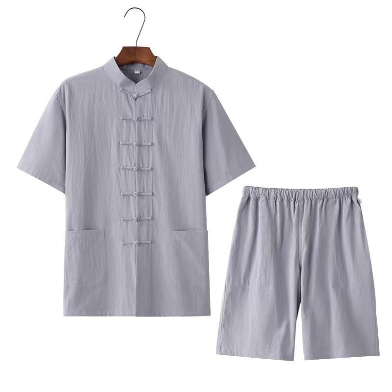Men's Traditional Chinese Style Button-Placket Shirt And Middle-AgedSenior Monks Robe Two-Piece Set